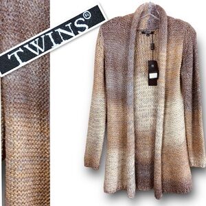 NWT TWINS MADE IN ITALY WOOL MOHAIR OMBRE KNIT METALLIC THREAD CARDIGAN SWEATER